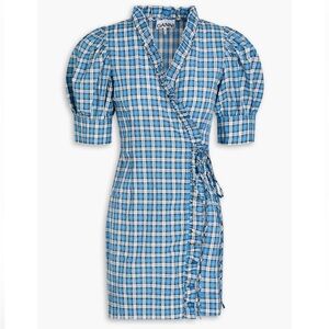 Ganni Checkered Blue Wrap Dress